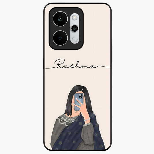Mirror Mood Muse With Custom Name Glass Case showing flat back view with stylish mirrored artwork and personalized name design.