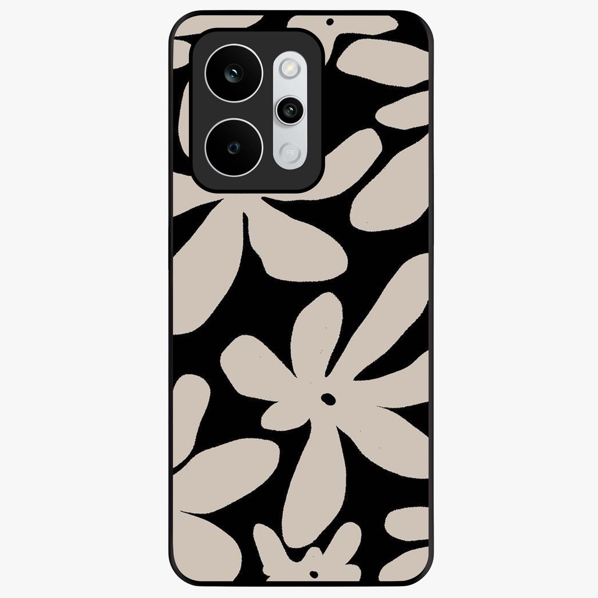 Monochrome Petal Dance Glass Case showing flat back view with monochrome floral artwork and glossy glass finish.