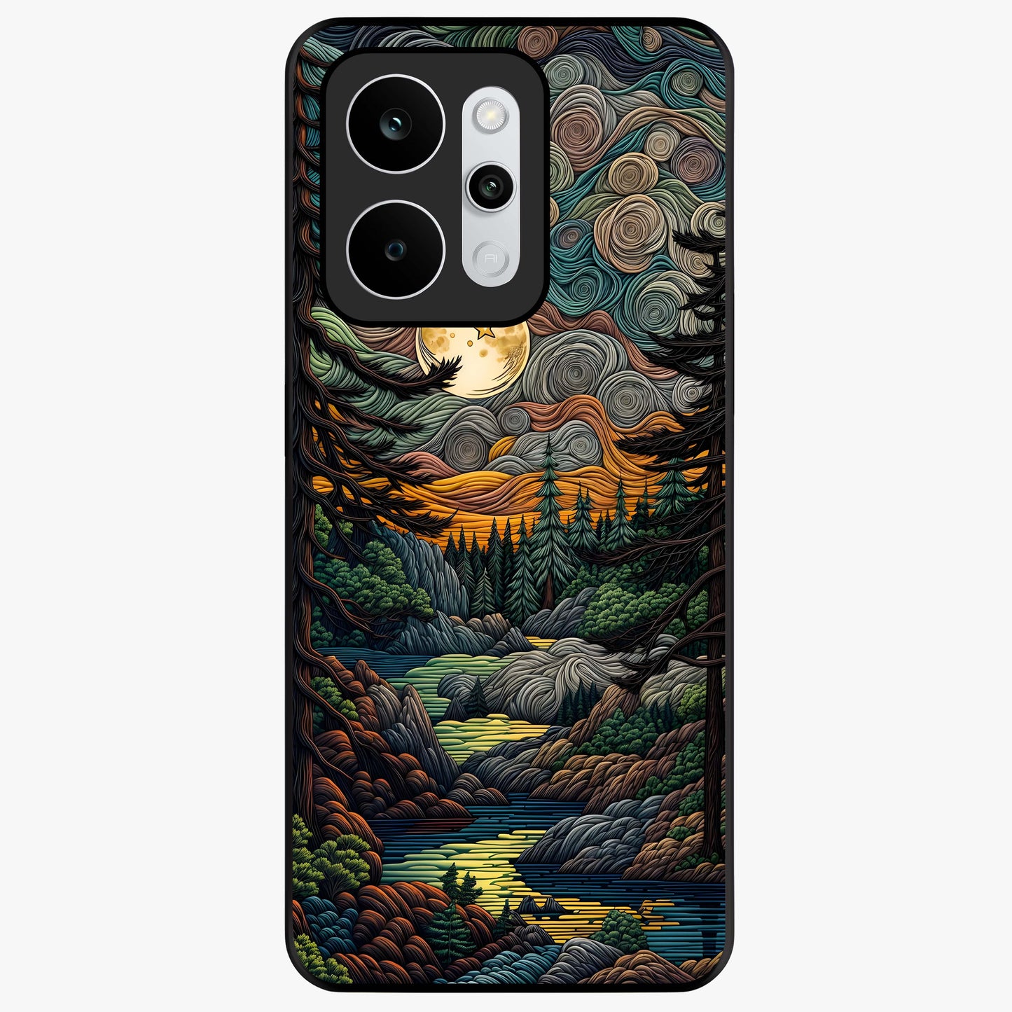 Moonlight Forest Dream Glass Case showing flat back view with mystical forest moonlight artwork and glossy glass finish.