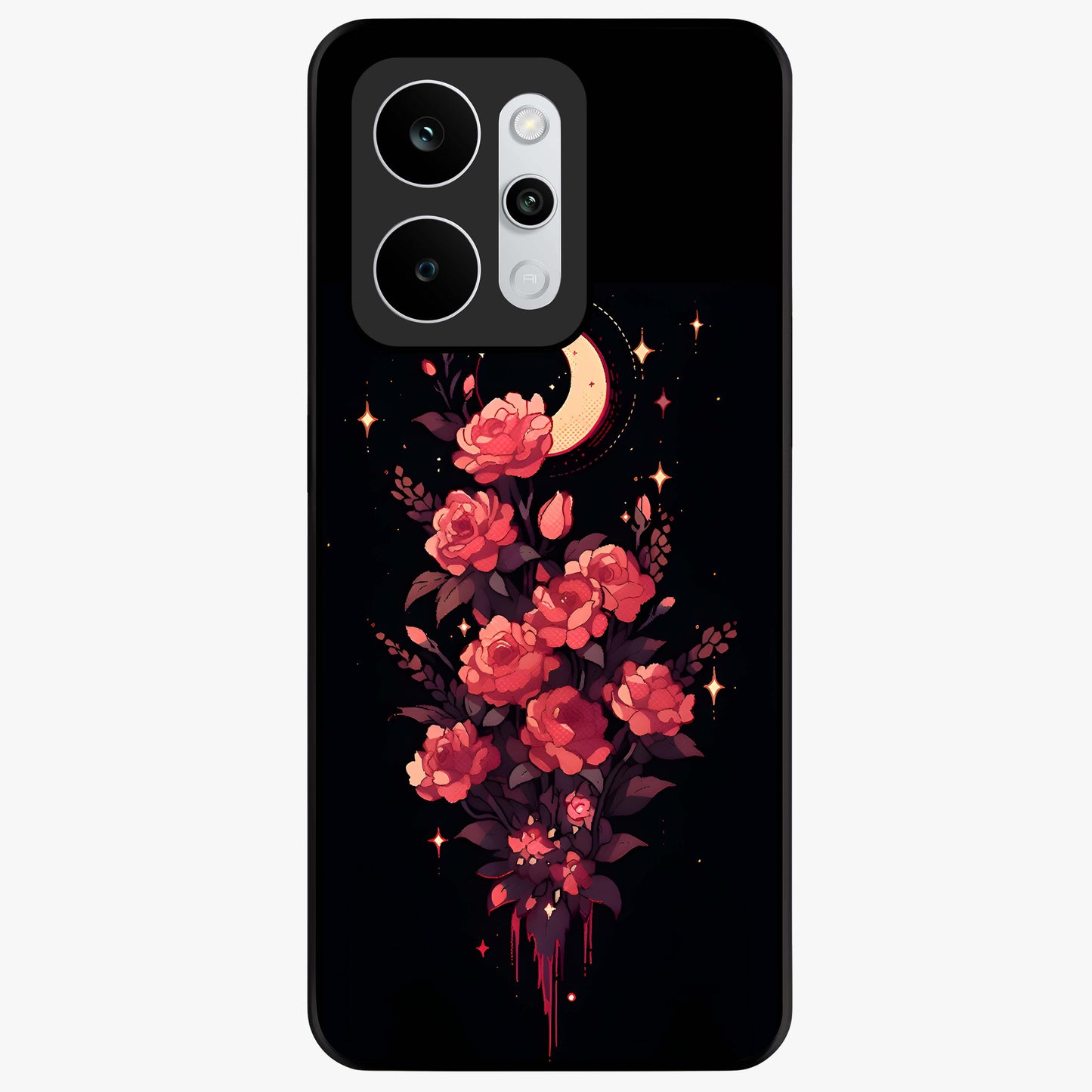 Moonlit Floral Elegance Glass Case showing flat back view with elegant floral artwork under moonlit tones and glossy glass finish.