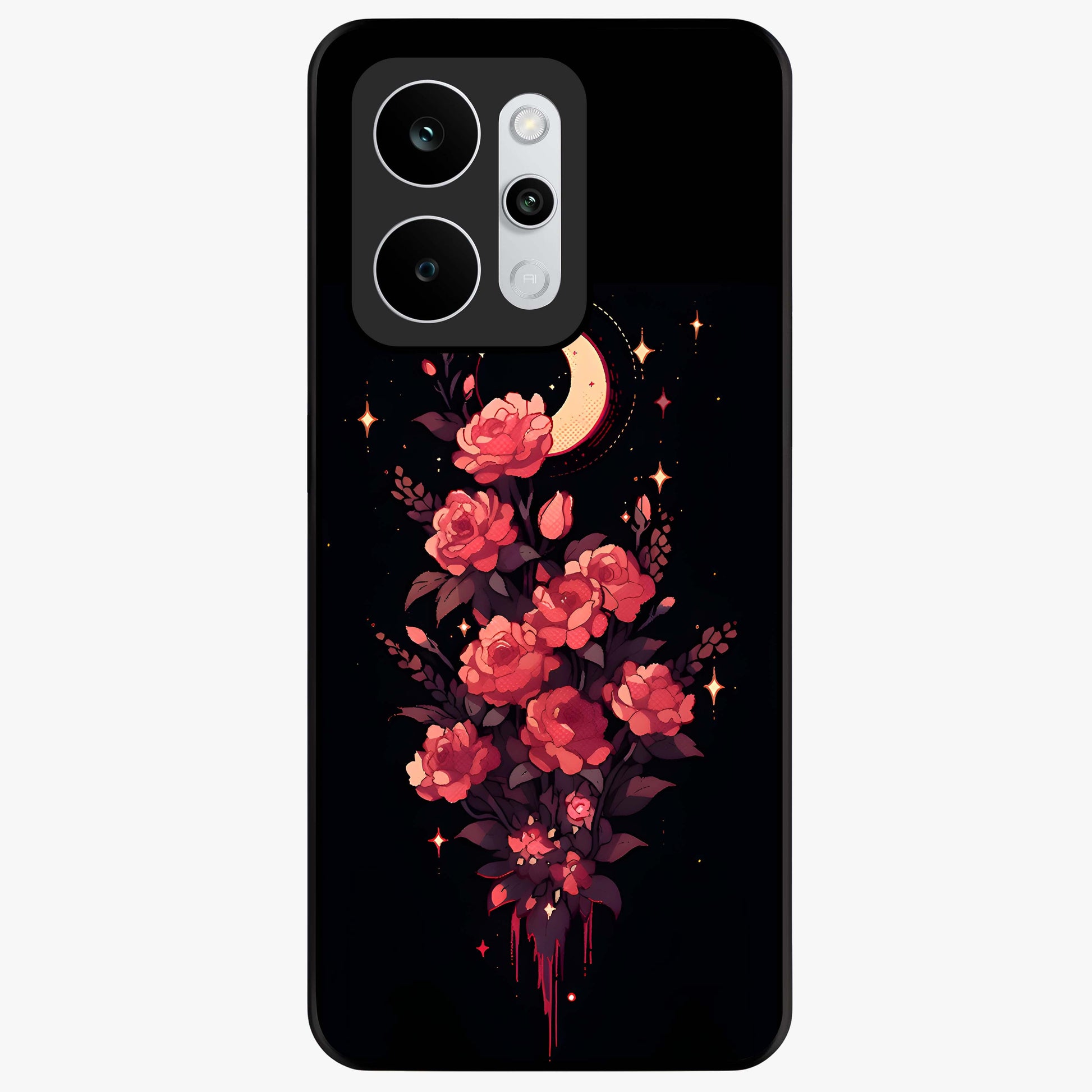 Moonlit Floral Elegance Glass Case showing flat back view with elegant floral artwork under moonlit tones and glossy glass finish.