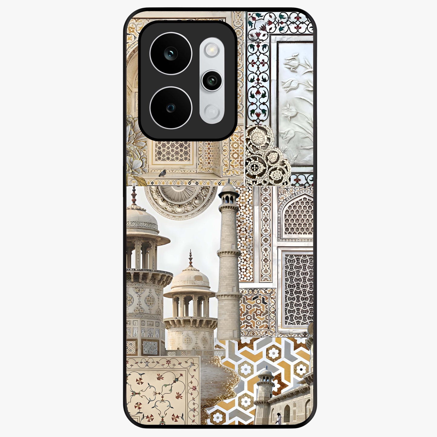 Mughal Marble Legacy Glass Case showing flat back view with intricate Mughal inspired marble pattern and glossy glass finish.