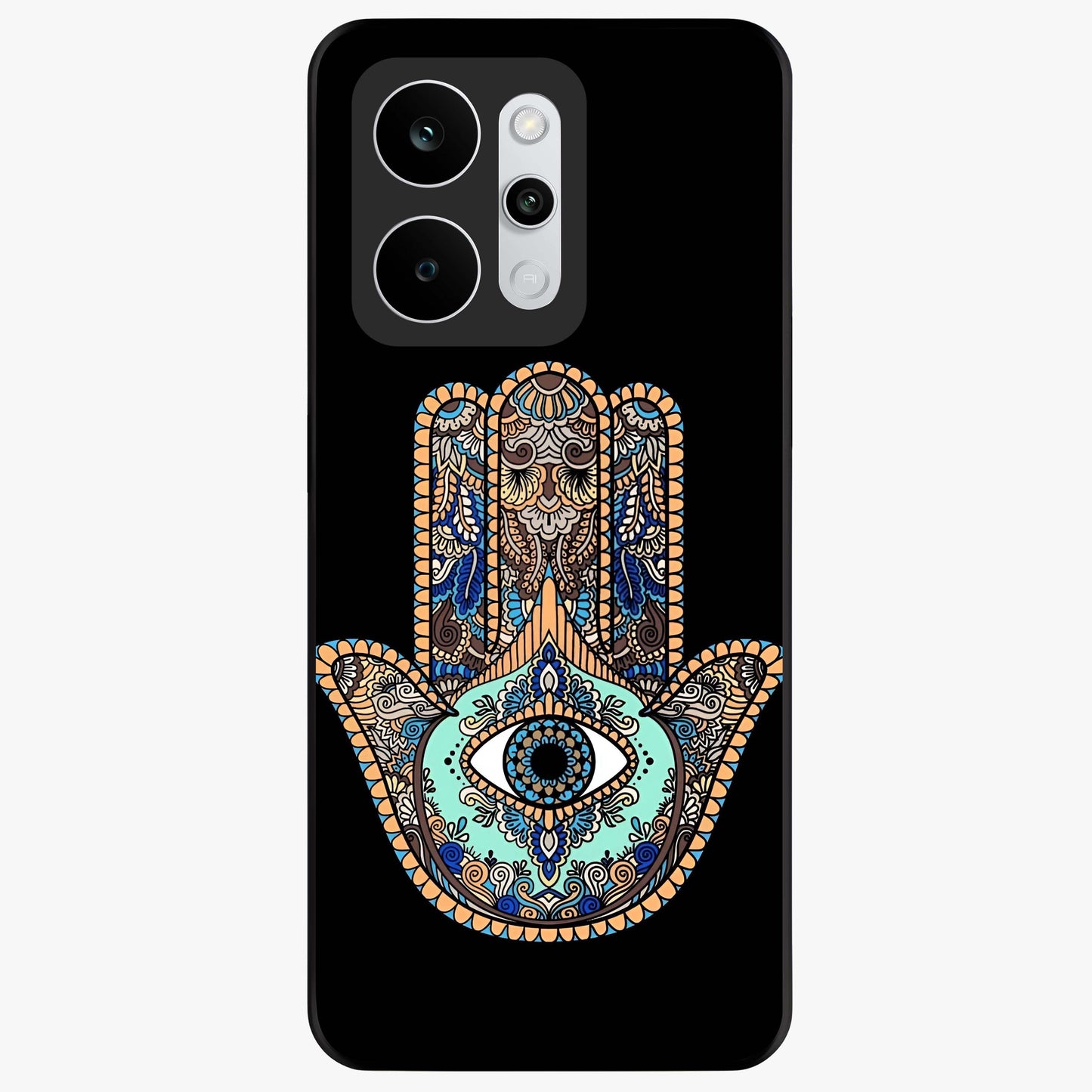 Mystic Hamsa Eye Glass Case showing flat back view with protective hamsa hand and evil eye artwork and glossy glass finish.