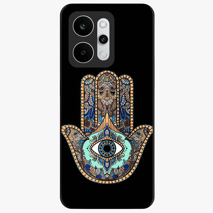 Mystic Hamsa Eye Glass Case showing flat back view with protective hamsa hand and evil eye artwork and glossy glass finish.