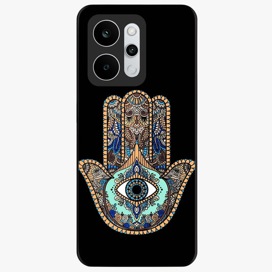 Mystic Hamsa Eye Glass Case showing flat back view with protective hamsa hand and evil eye artwork and glossy glass finish.