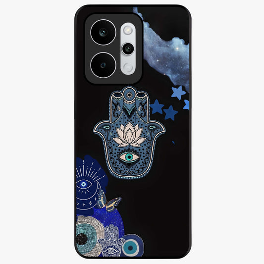 Mystic Hand Aura Glass Case showing flat back view with mystical hand symbol artwork and glossy glass finish.