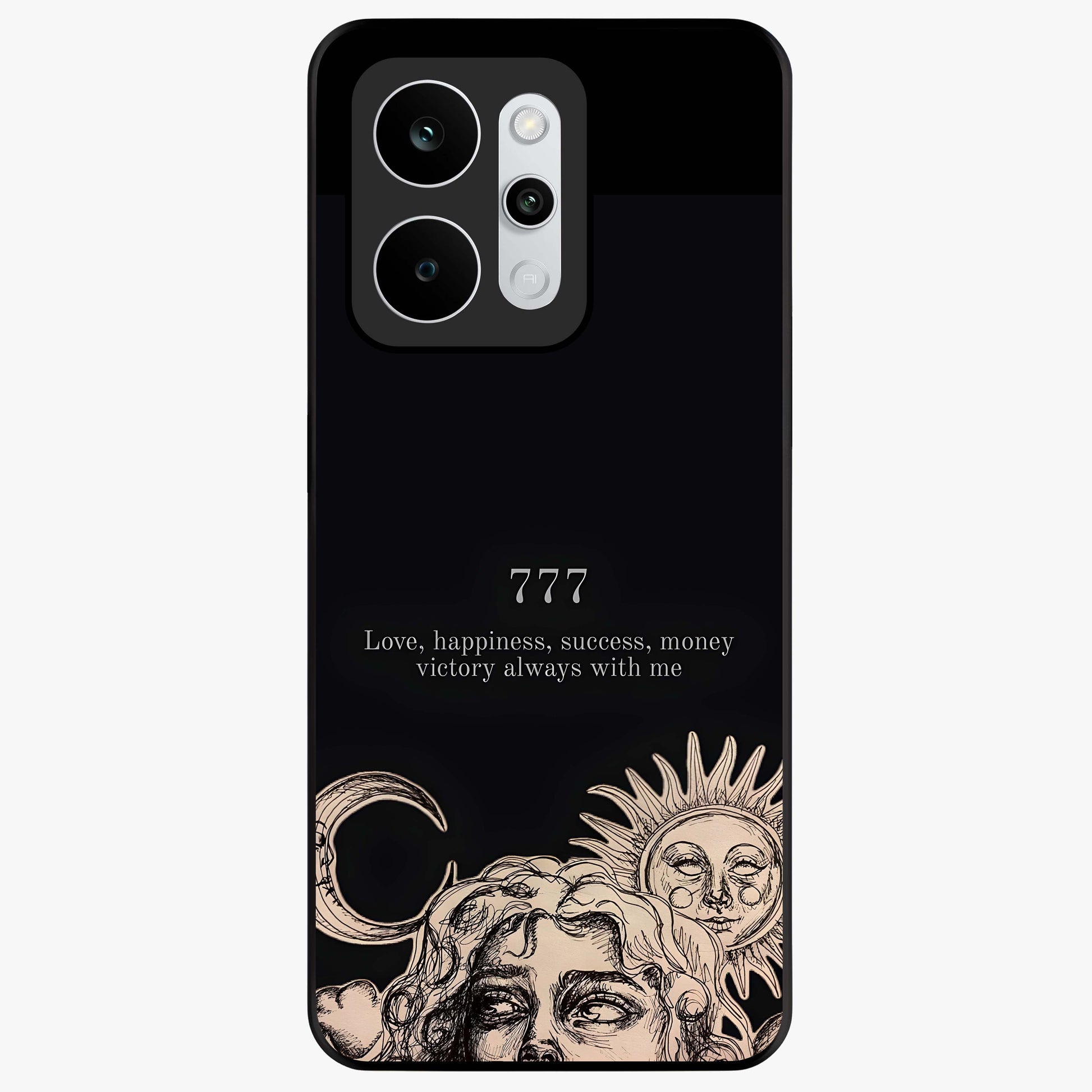 Mystic Victory Aura Glass Case showing flat back view with victory symbol artwork and glossy glass finish.