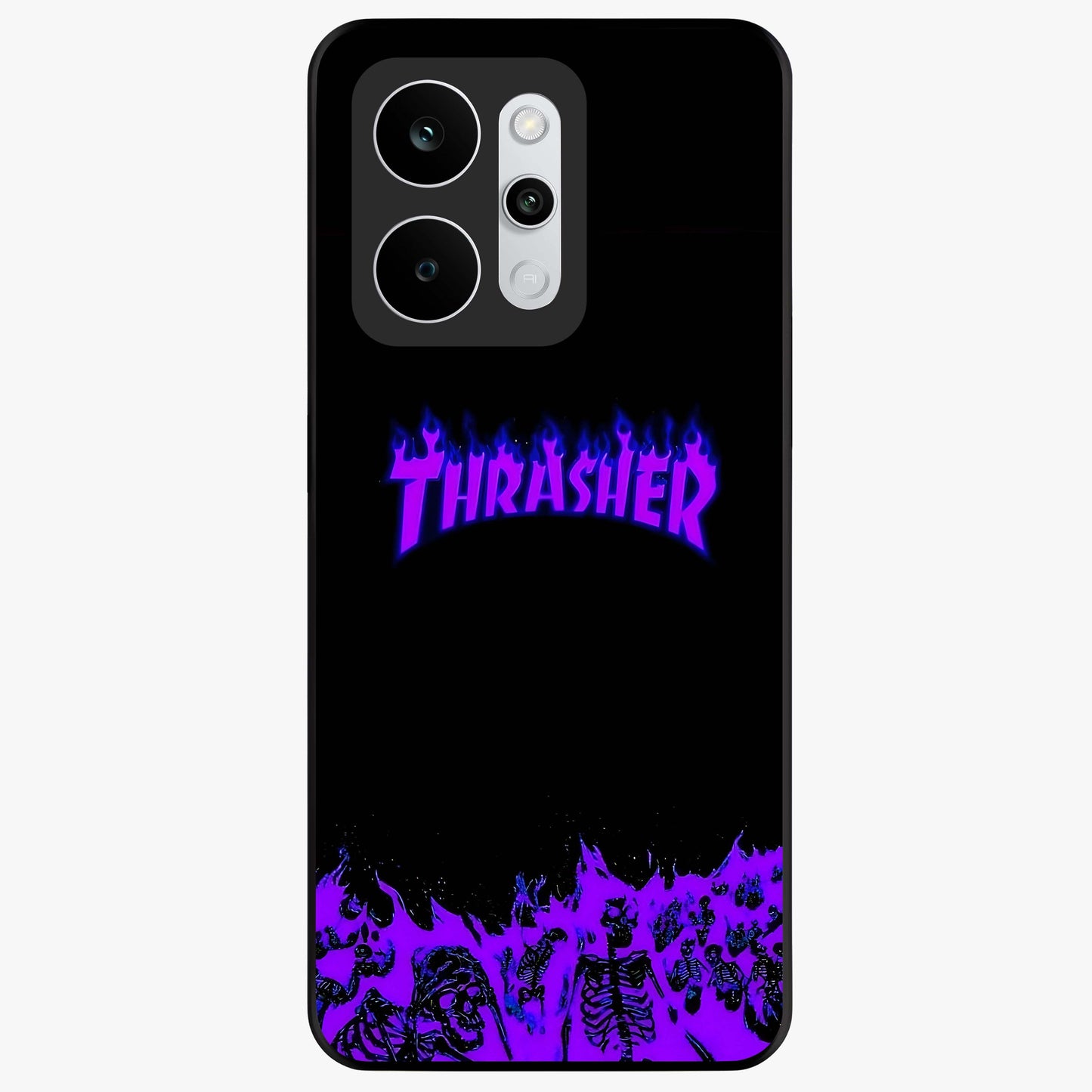 Neon Flame Riot Glass Case showing flat back view with neon flame artwork and glossy glass finish.