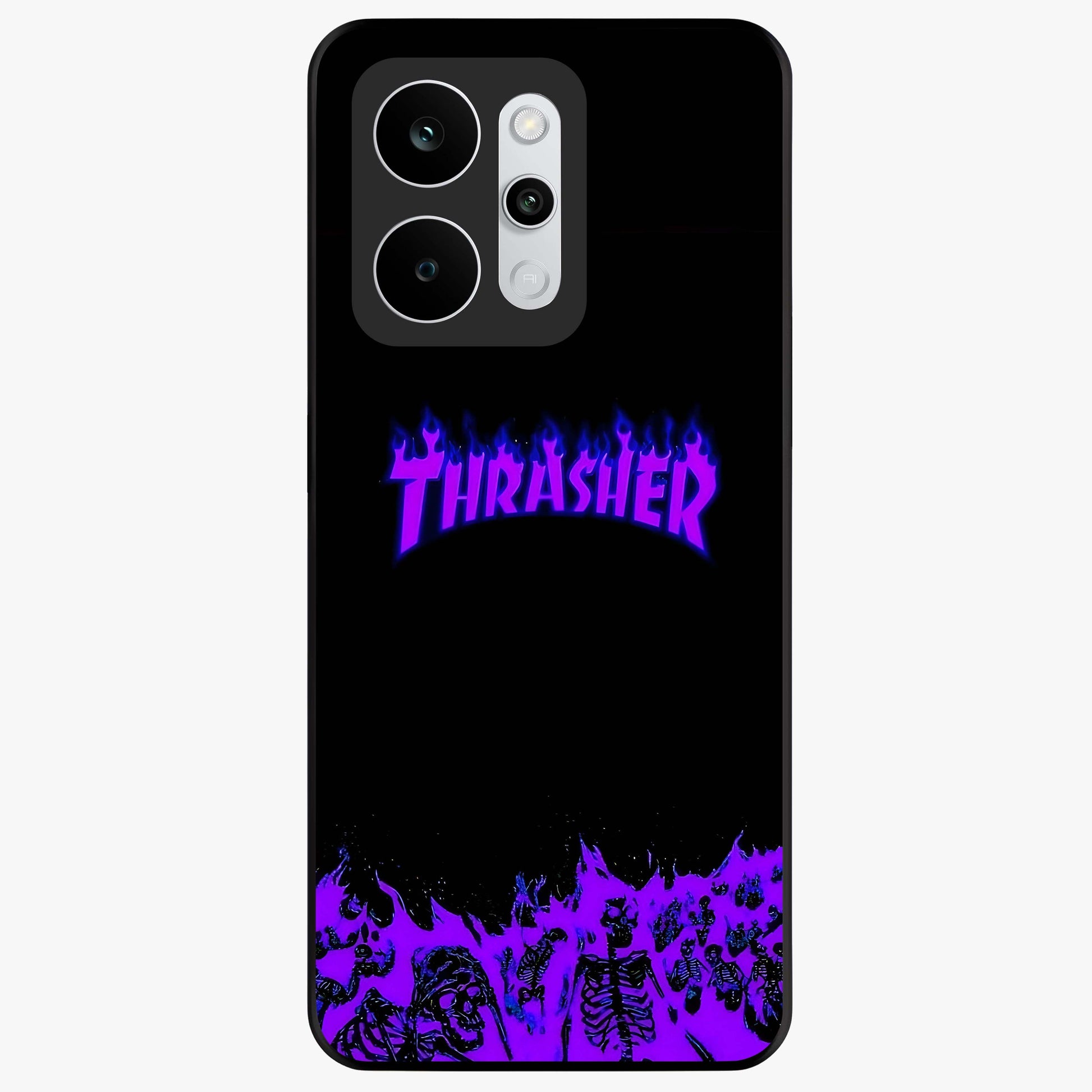 Neon Flame Riot Glass Case showing flat back view with neon flame artwork and glossy glass finish.