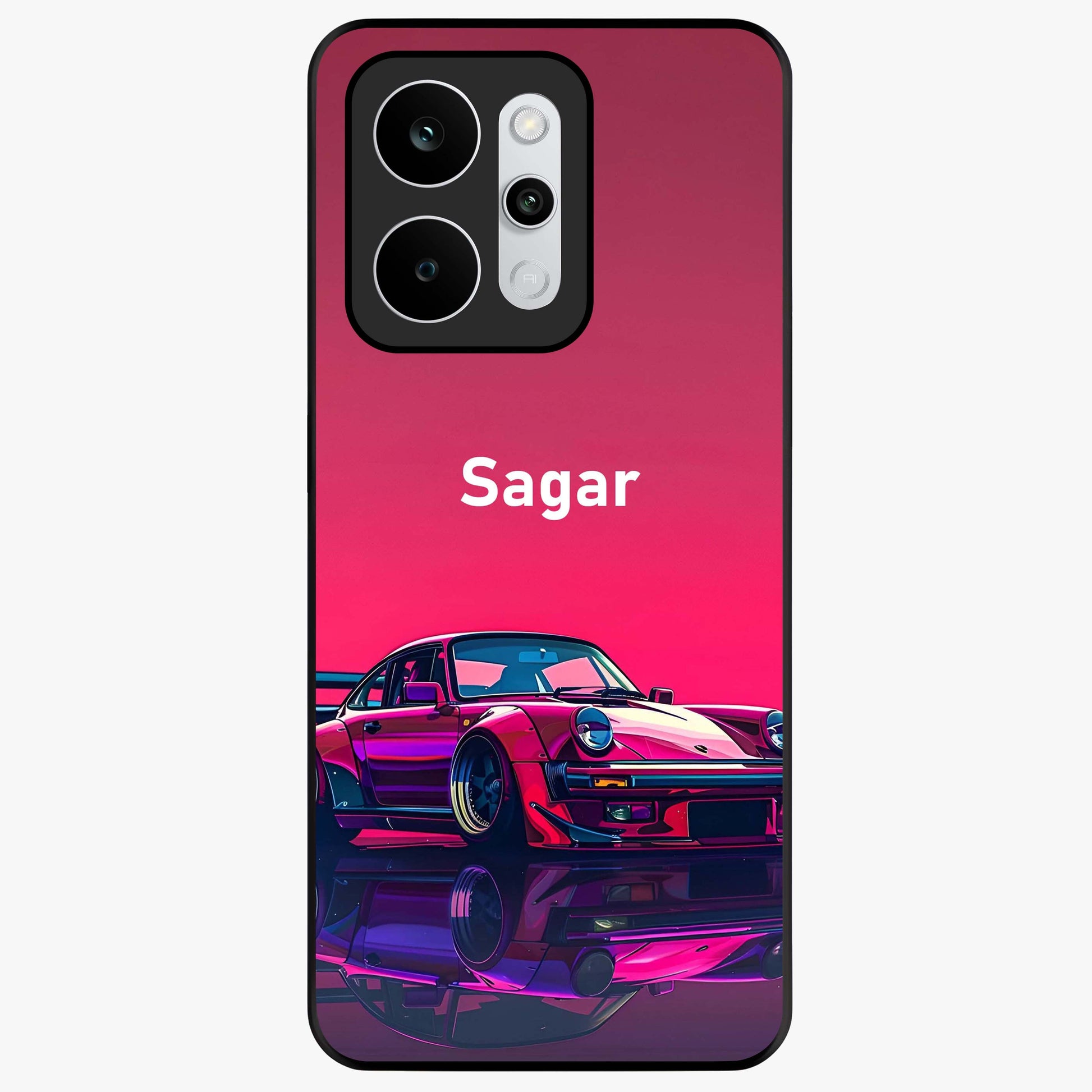 Neon Pink Porsche Glass Case showing flat back view with stylish sports car artwork and glossy glass finish.