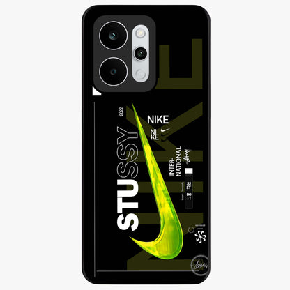 Neon Street Edition Glass Case showing flat back view with neon street style artwork and glossy glass finish.