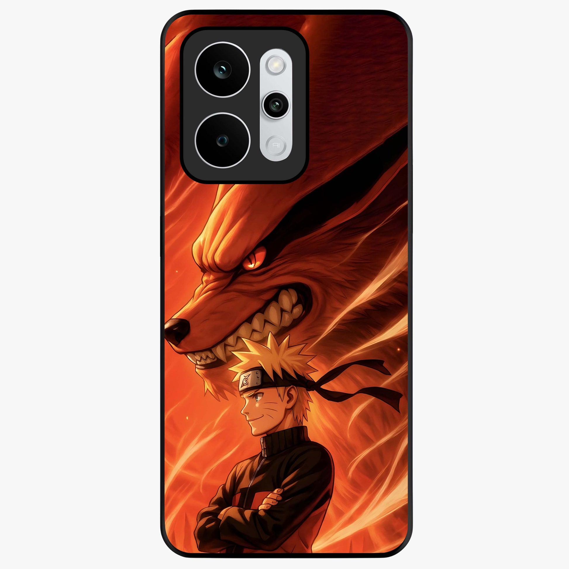 Nine Tails Legacy Glass Case showing flat back view with powerful nine-tailed fox inspired artwork and glossy glass finish.
