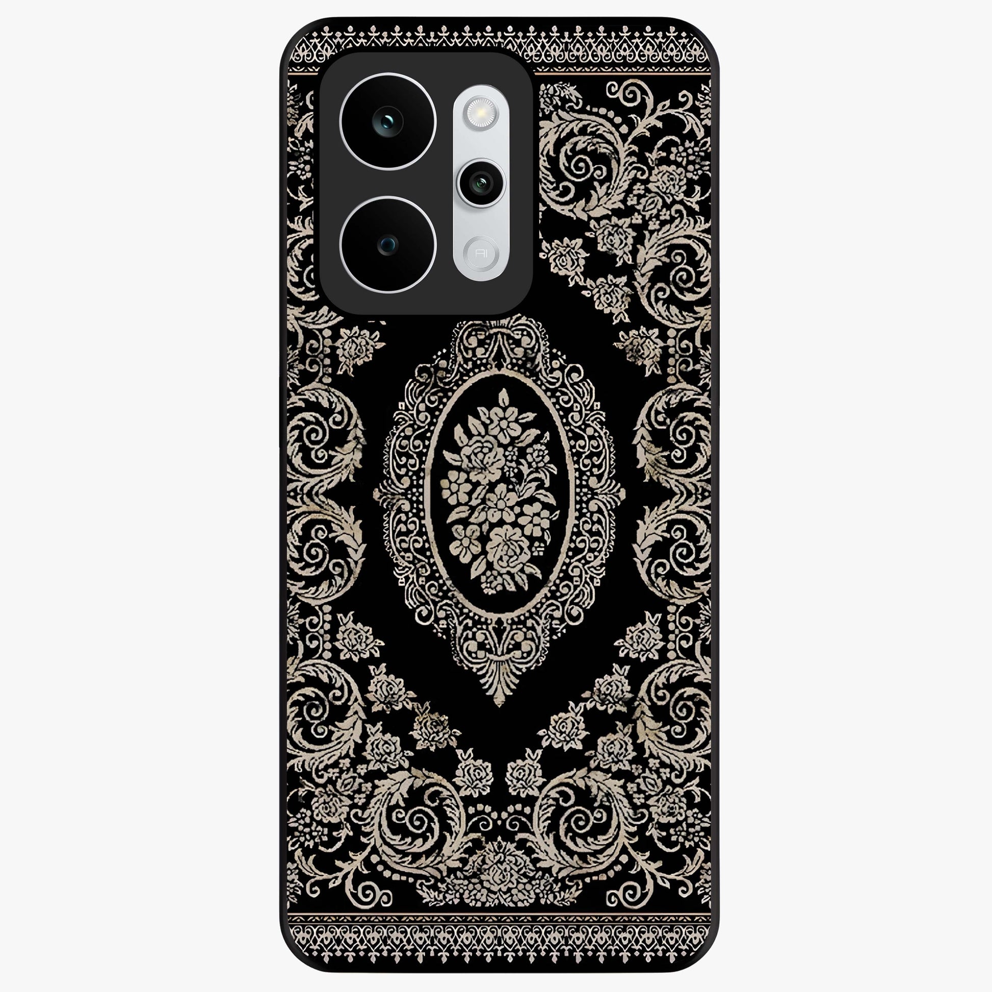 Noir Bloom Elegance Glass Case showing flat back view with elegant dark floral artwork and glossy glass finish.