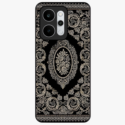 Noir Bloom Elegance Glass Case showing flat back view with elegant dark floral artwork and glossy glass finish.