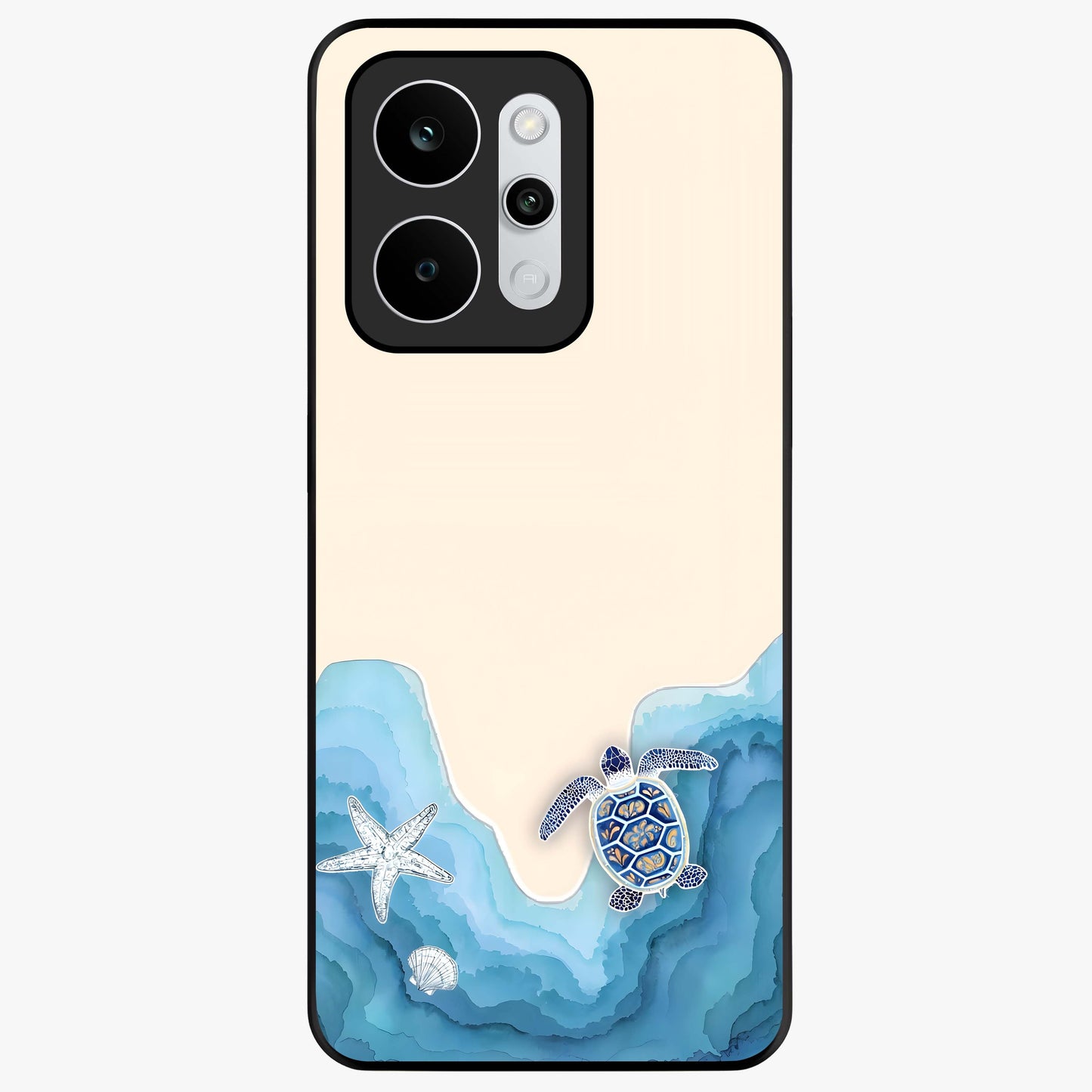 Ocean Drift Turtle Glass Case showing flat back view with sea turtle artwork and glossy glass finish.