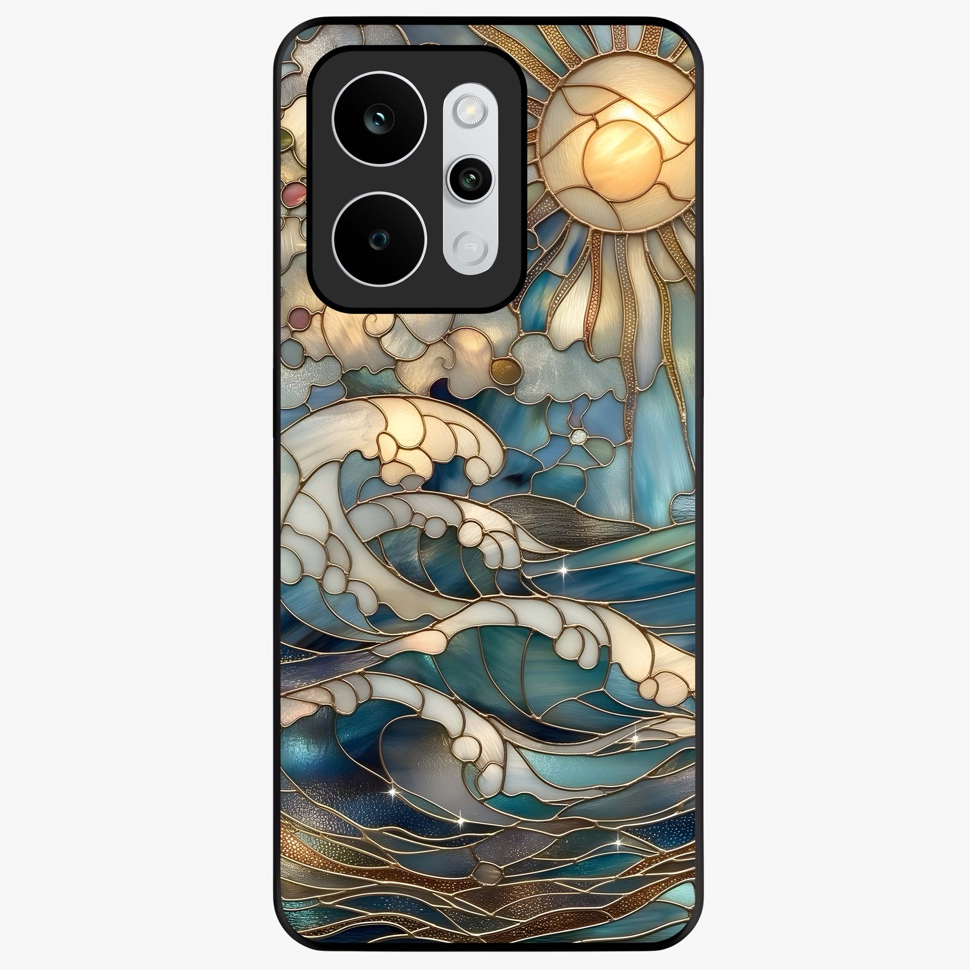 Oceanic Stained Printed Glass Case showing flat back view with ocean inspired stained pattern artwork and glossy glass finish.