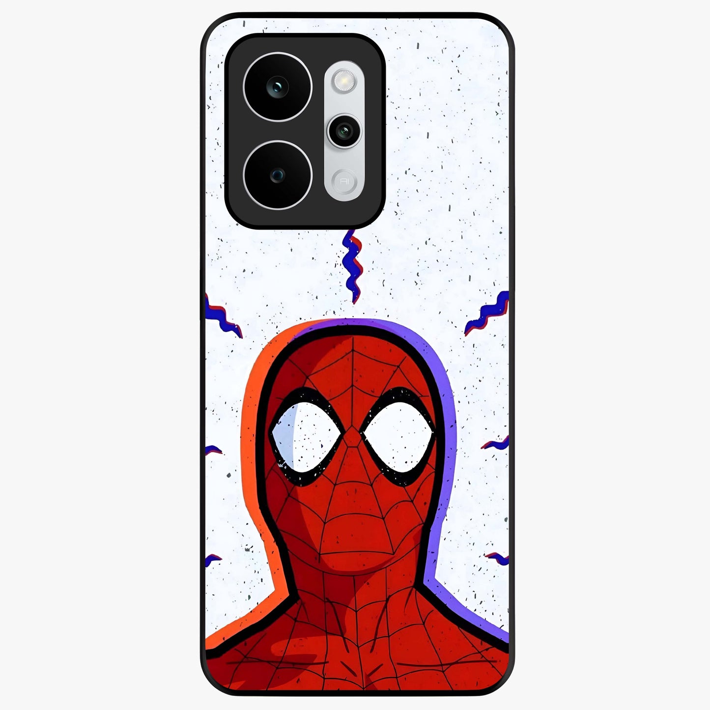 Omg Spiderman Glass Case showing flat back view with bold superhero inspired artwork and glossy glass finish.