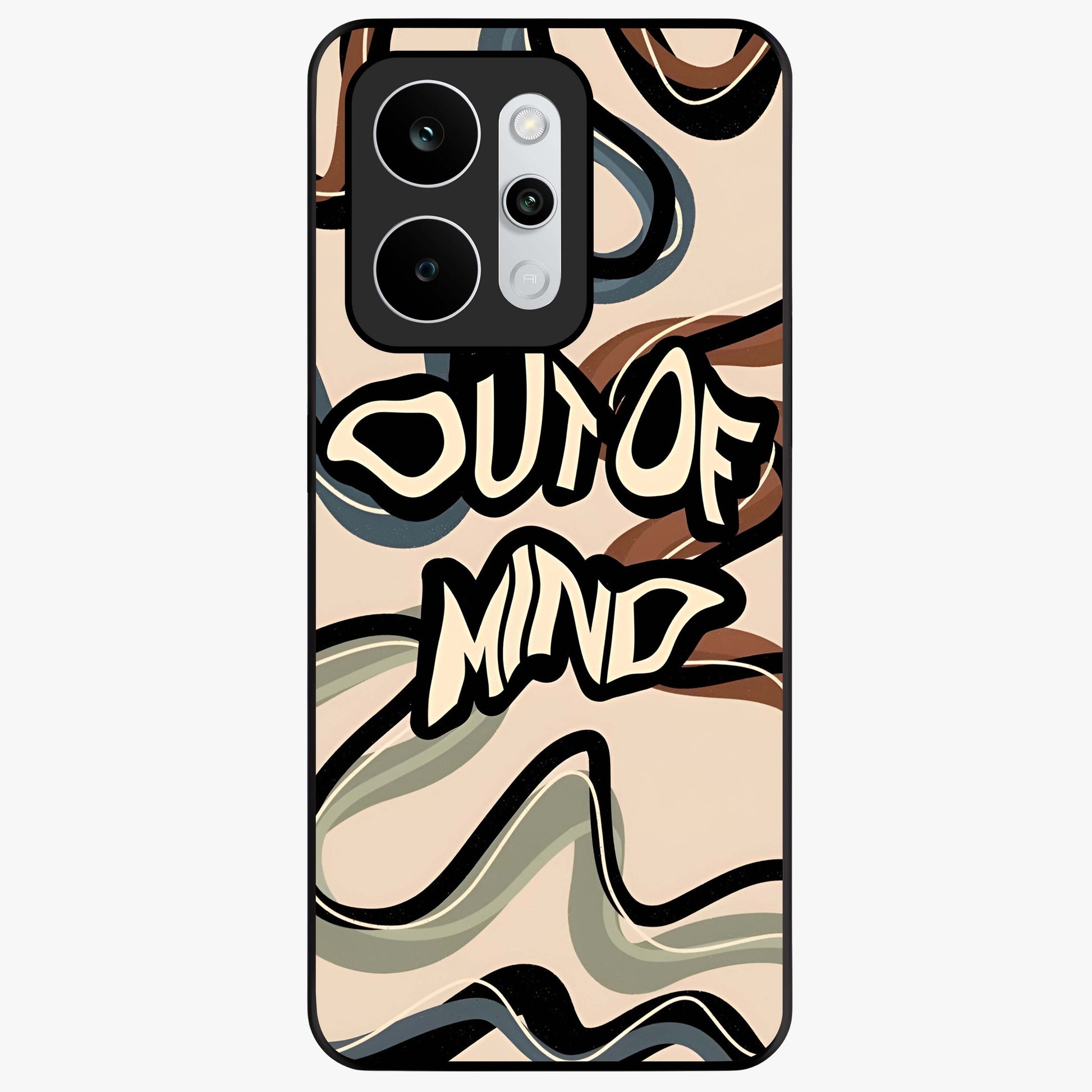 Out Of Mind Glass Case showing flat back view with expressive typography artwork and glossy glass finish.