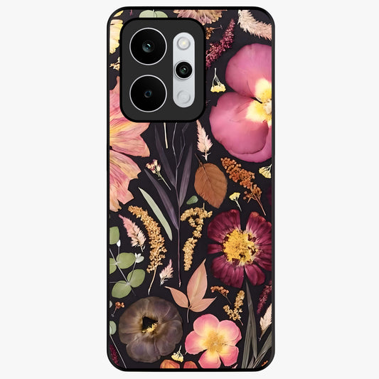 Petal Dream Tapestry Glass Case showing flat back view with intricate floral tapestry artwork and glossy glass finish.