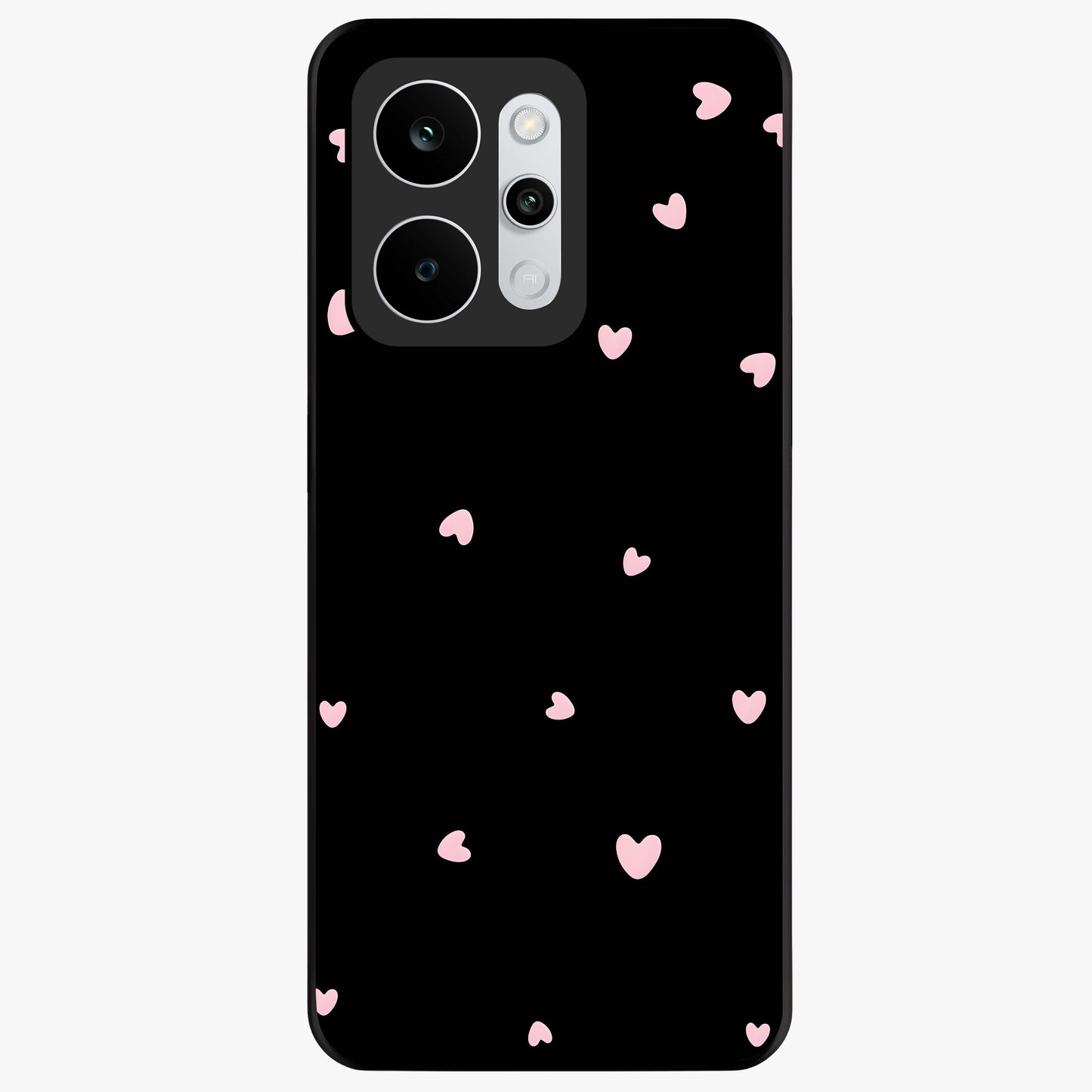 Pink Love Drops Glass Case showing flat back view with playful pink heart drops artwork and glossy glass finish.