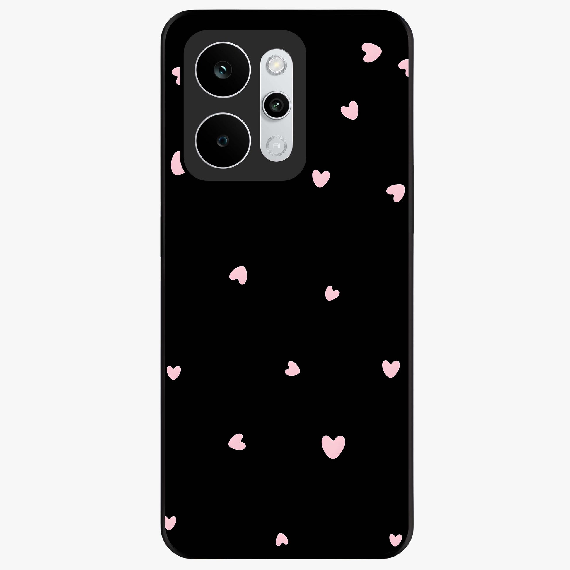 Pink Love Drops Glass Case showing flat back view with playful pink heart drops artwork and glossy glass finish.