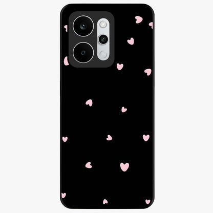 Pink Love Drops Glass Case showing flat back view with playful pink heart drops artwork and glossy glass finish.