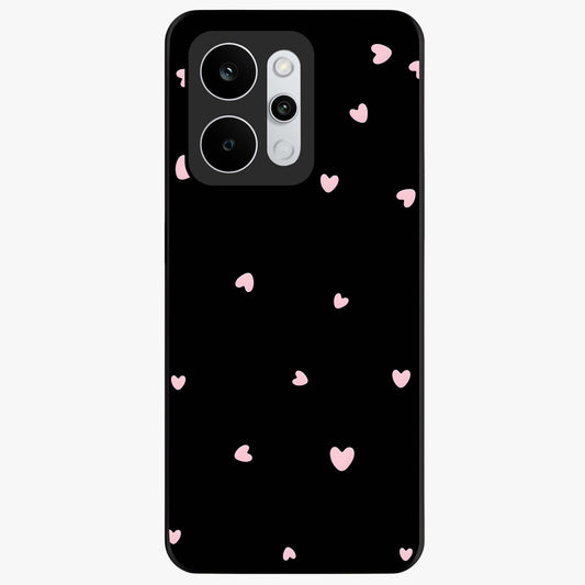 Pink Love Drops Glass Case showing flat back view with playful pink heart drops artwork and glossy glass finish.