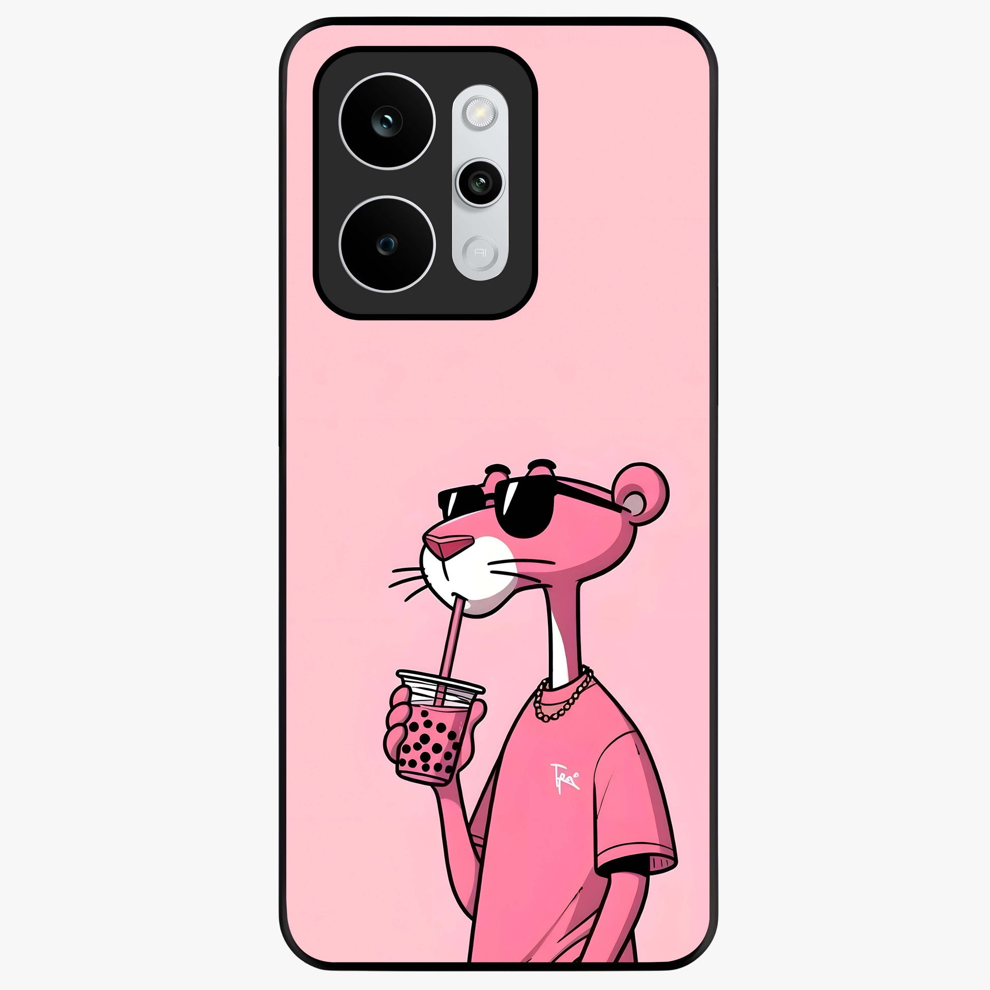 Pink Panther Glass Case showing flat back view with iconic pink panther artwork and glossy glass finish.