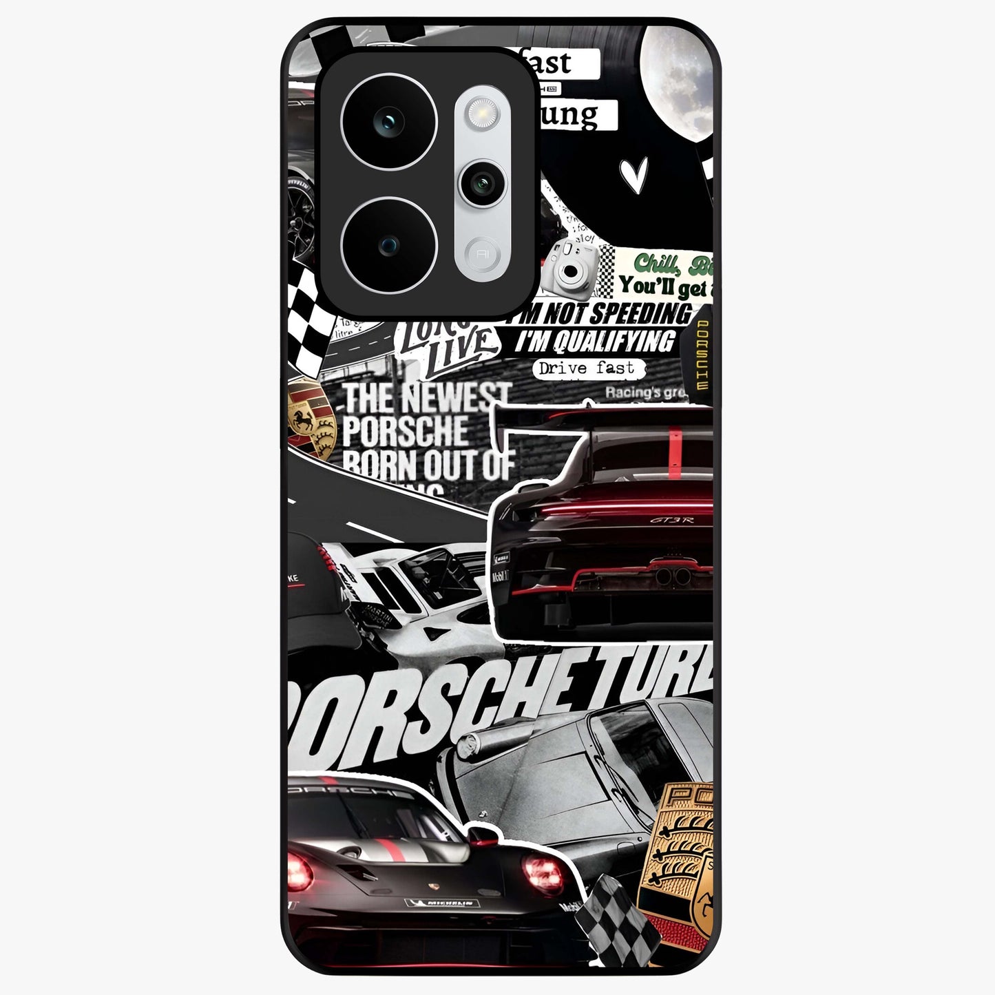 Porsche Racing Collage Glass Case showing flat back view with sports car racing collage artwork and glossy glass finish.