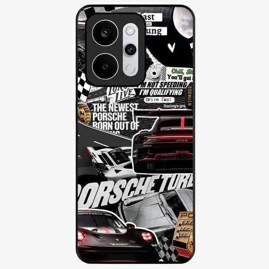 Porsche Racing Collage Glass Case showing flat back view with sports car racing collage artwork and glossy glass finish.