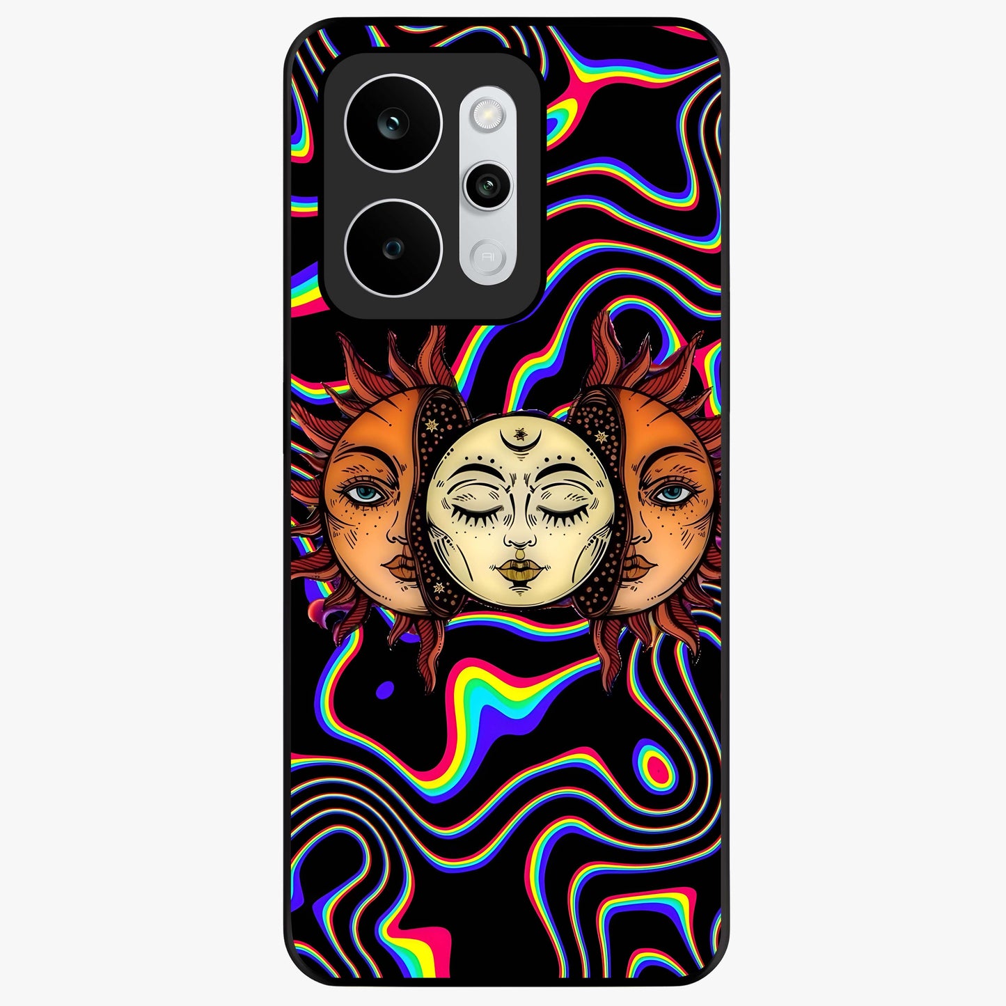 Psychedelic Sun Glass Case showing flat back view with colorful psychedelic sun artwork and glossy glass finish.
