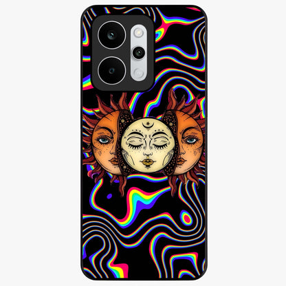 Psychedelic Sun Glass Case showing flat back view with colorful psychedelic sun artwork and glossy glass finish.