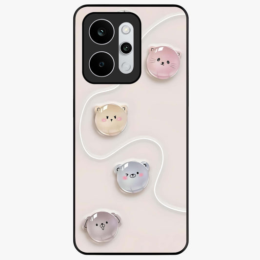 Puffy Face Parade Glass Case showing flat back view with cute puffy character faces artwork and glossy glass finish.