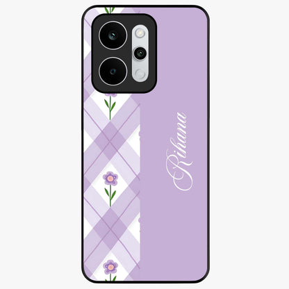 Purple Diamond Floral Glass Case showing flat back view with diamond shaped floral artwork and glossy glass finish.