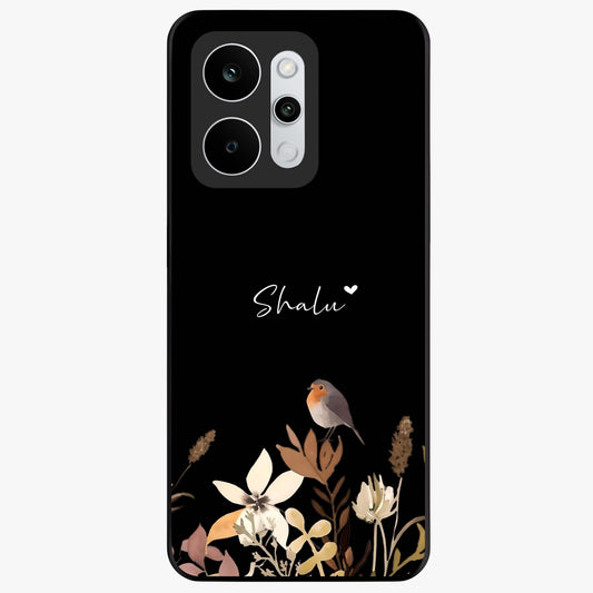 Quiet Garden Tune Custom Name Glass Case showing flat back view with peaceful garden artwork and personalized name design.