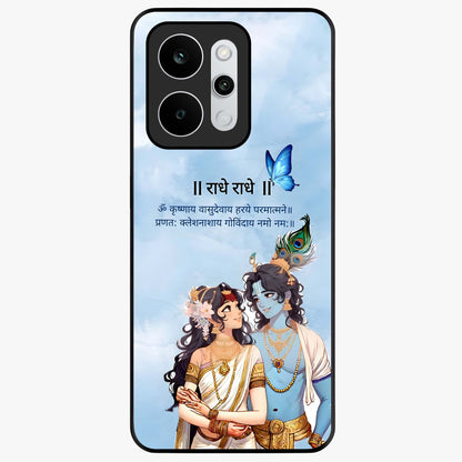 Radha Krishna Eternal Glass Case showing flat back view with Radha Krishna devotional artwork and glossy glass finish.