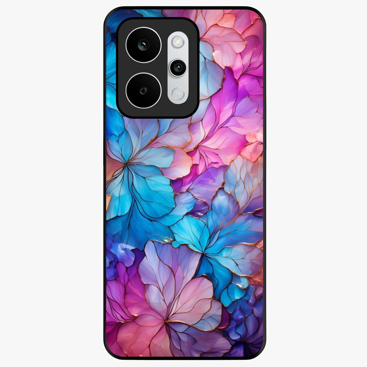 Radiant Floral Whirl Glass Case showing flat back view with swirling floral artwork and glossy glass finish.