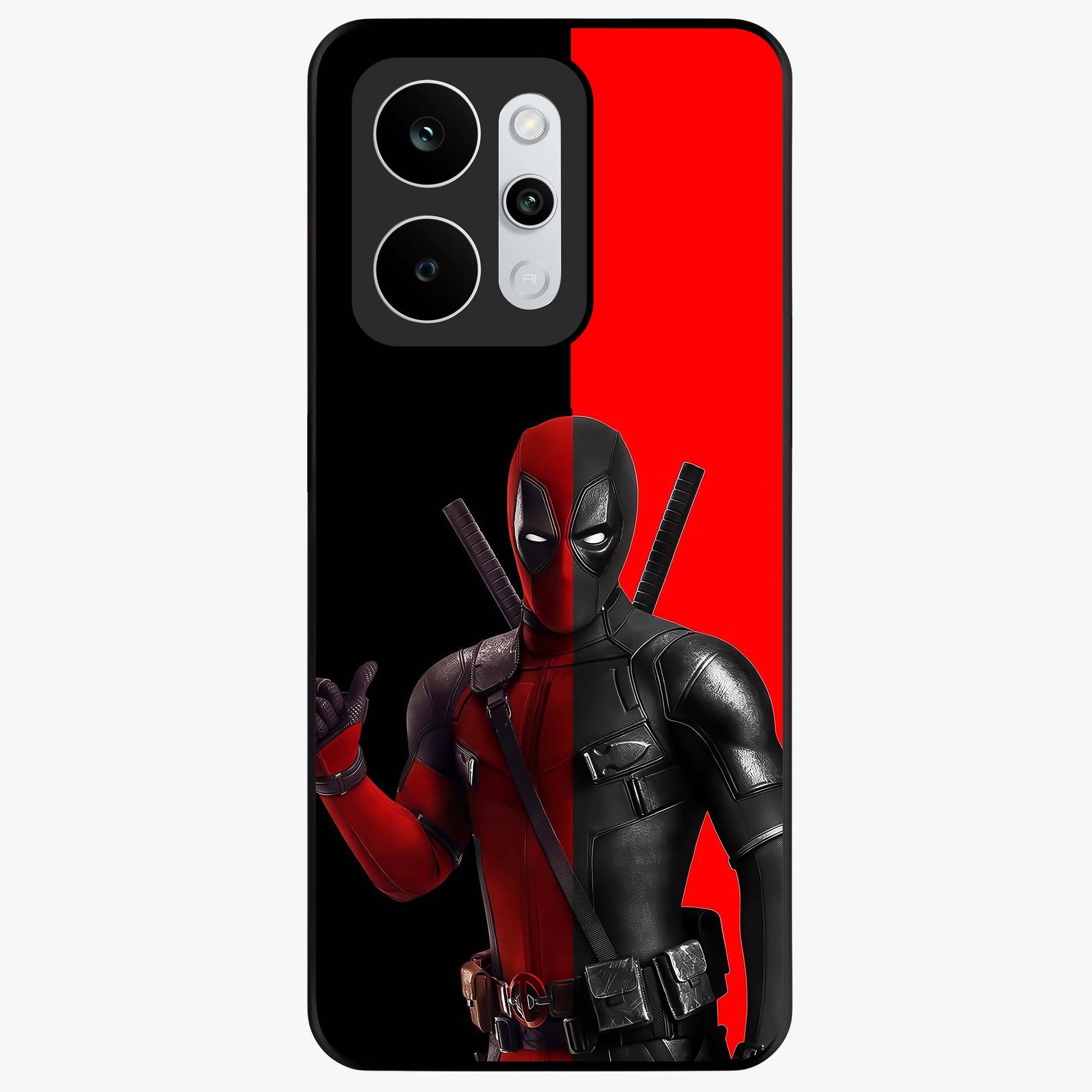 Red & Black Deadpool Theme Glass Case showing flat back view with bold comic inspired artwork and glossy glass finish.
