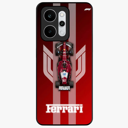 Red Ferrari F1 Vertical Glass Case showing flat back view with sleek Formula racing car artwork and glossy glass finish.