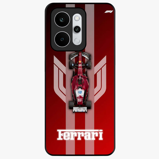 Red Ferrari F1 Vertical Glass Case showing flat back view with sleek Formula racing car artwork and glossy glass finish.