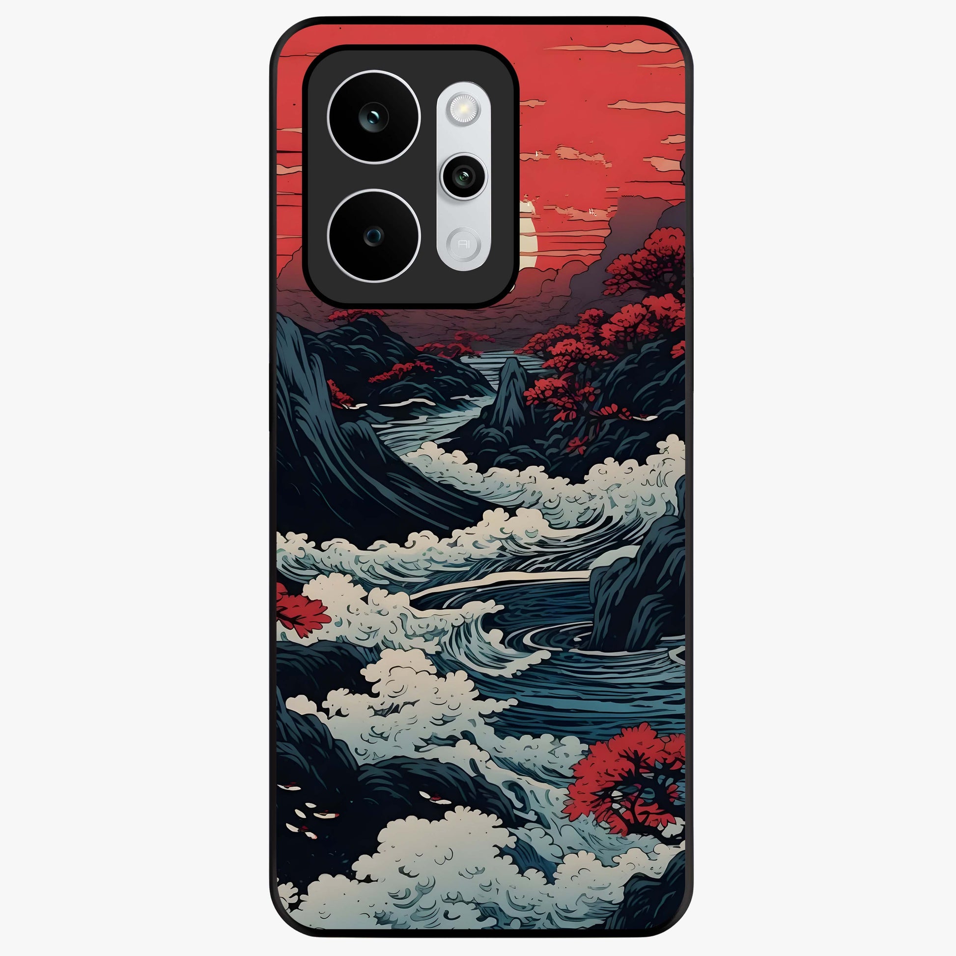 Red Sunset Scenery Glass Case showing flat back view with vibrant sunset landscape artwork and glossy glass finish.