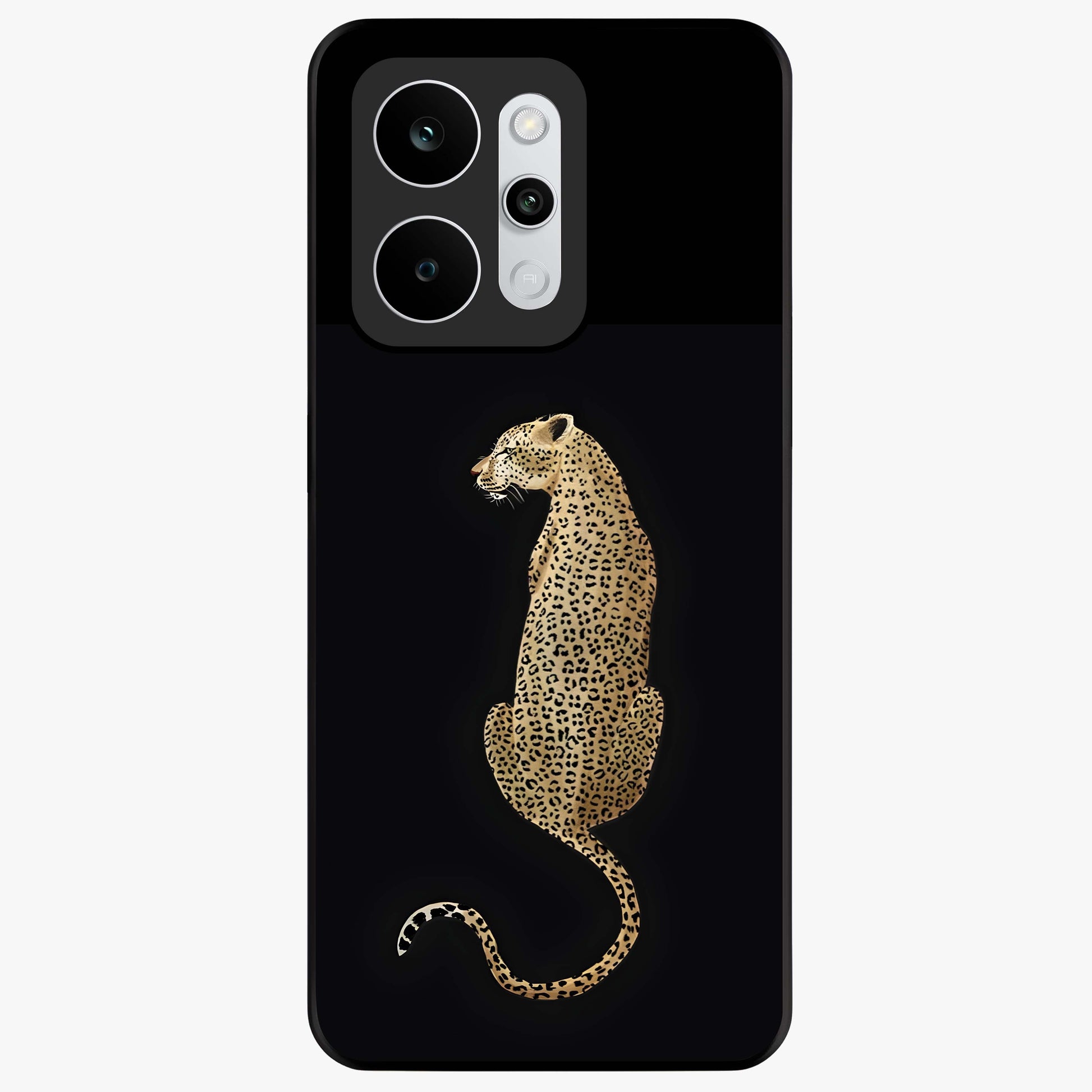 Regal Leopard Glass Case showing flat back view with bold leopard artwork and glossy glass finish.