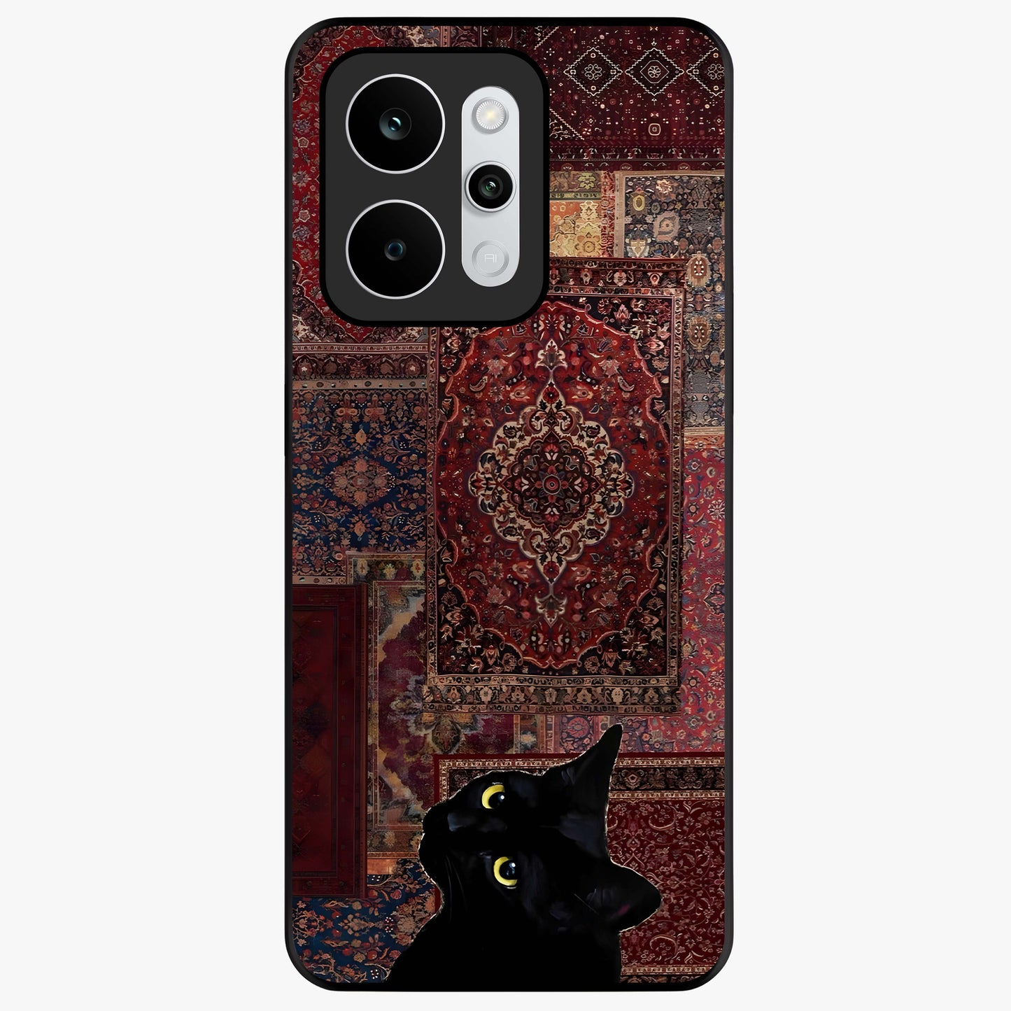 Regal Magic Cat Apple Glass Case showing flat back view with magical cat artwork holding apple and glossy glass finish.