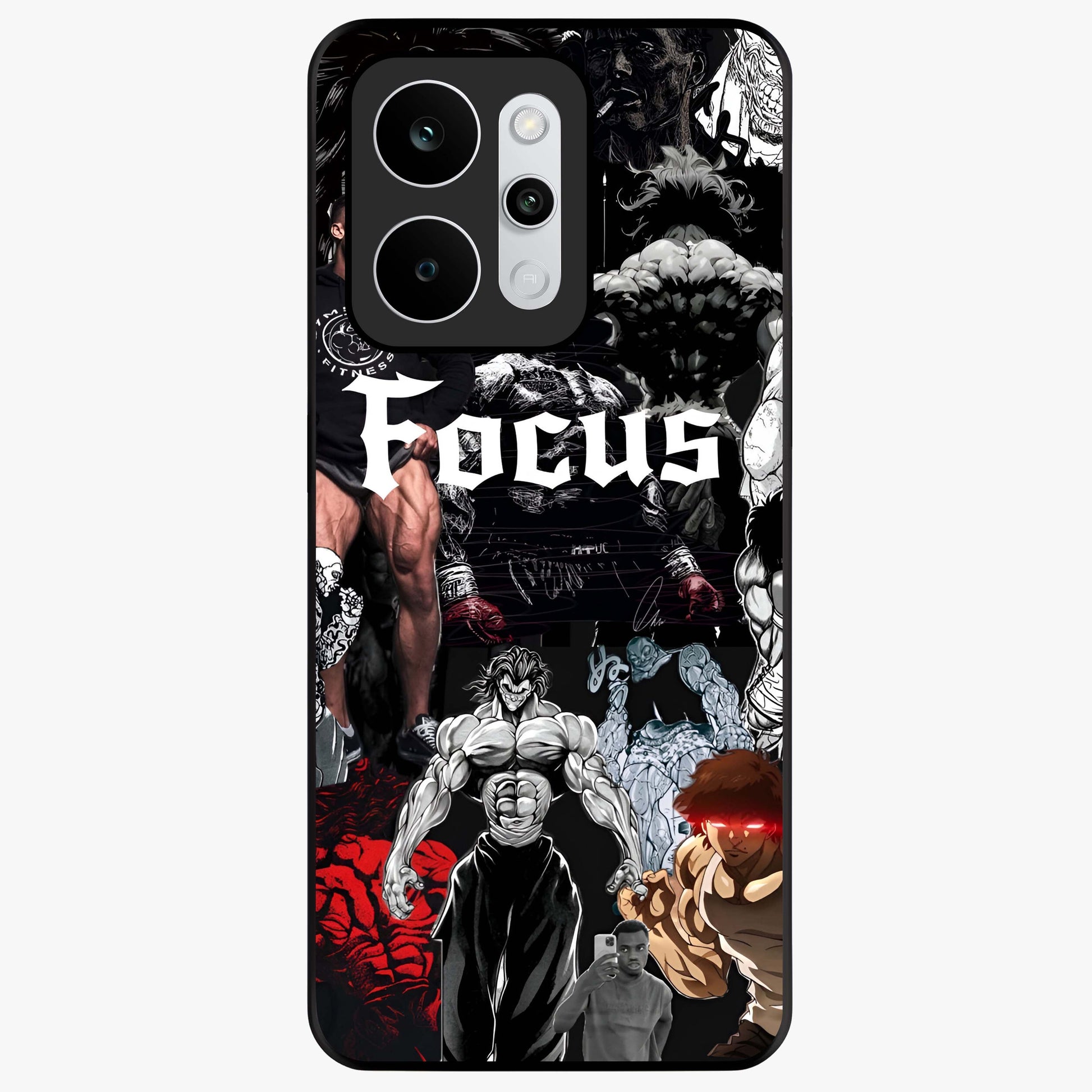 Relentless Power Focus Glass Case showing flat back view with motivational typography artwork and glossy glass finish.