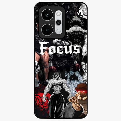 Relentless Power Focus Glass Case showing flat back view with motivational typography artwork and glossy glass finish.