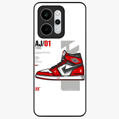 Retro Sneaker Blueprint Glass Case showing flat back view with sneaker blueprint style artwork and glossy glass finish.