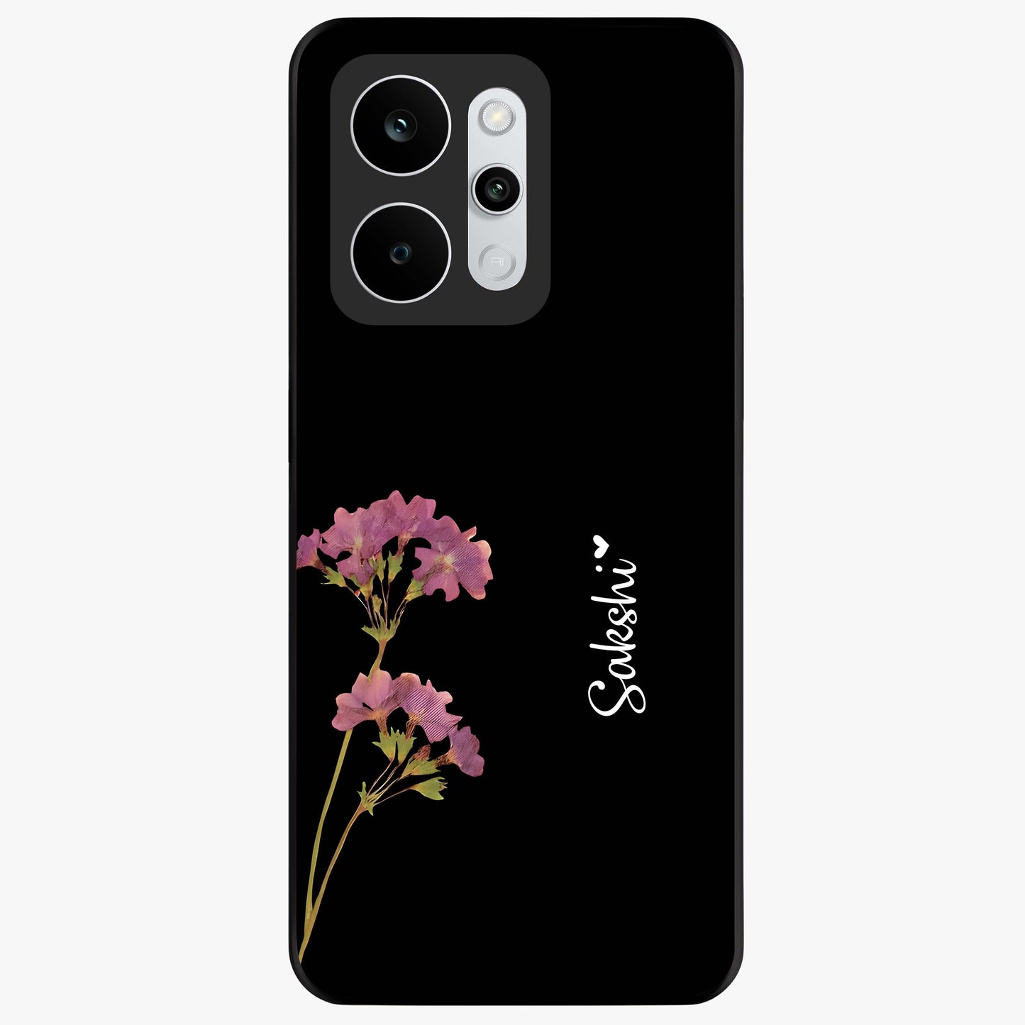 Riching Lavender Flower Custom Name Glass Case showing flat back view with lavender floral artwork and personalized name design.