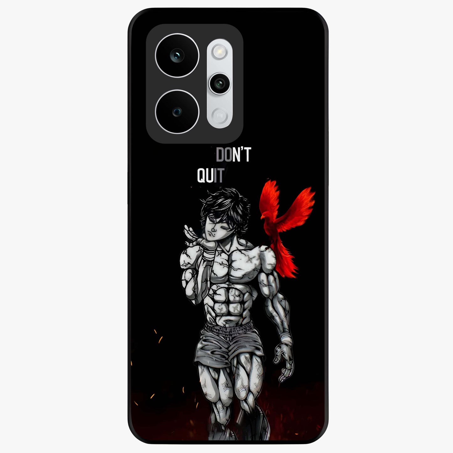 Rise Beyond Limits Glass Case showing flat back view with motivational typography artwork and glossy glass finish.