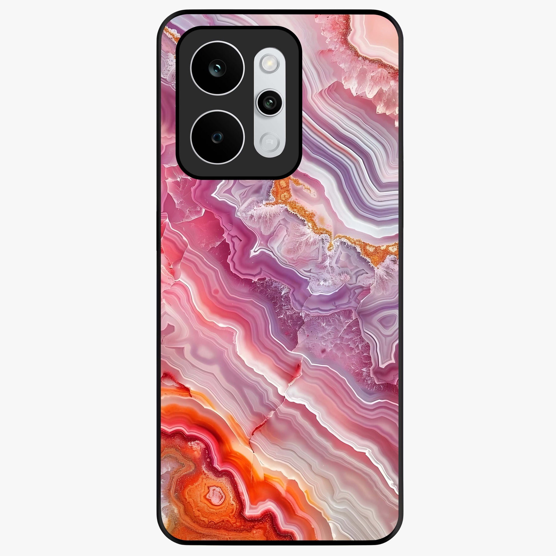 Rose Quartz Marble Glass Case showing flat back view with pink marble quartz texture artwork and glossy glass finish.