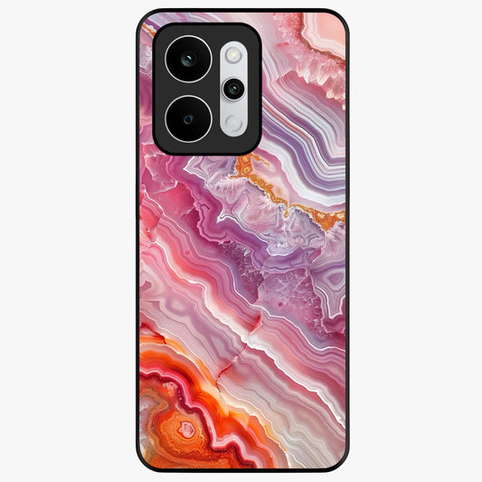 Rose Quartz Marble Glass Case showing flat back view with pink marble quartz texture artwork and glossy glass finish.